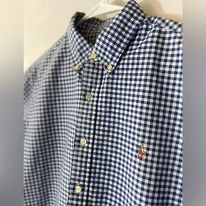 Ralph Lauren Polo men’s short sleeve blue and white gingham dress shirt.